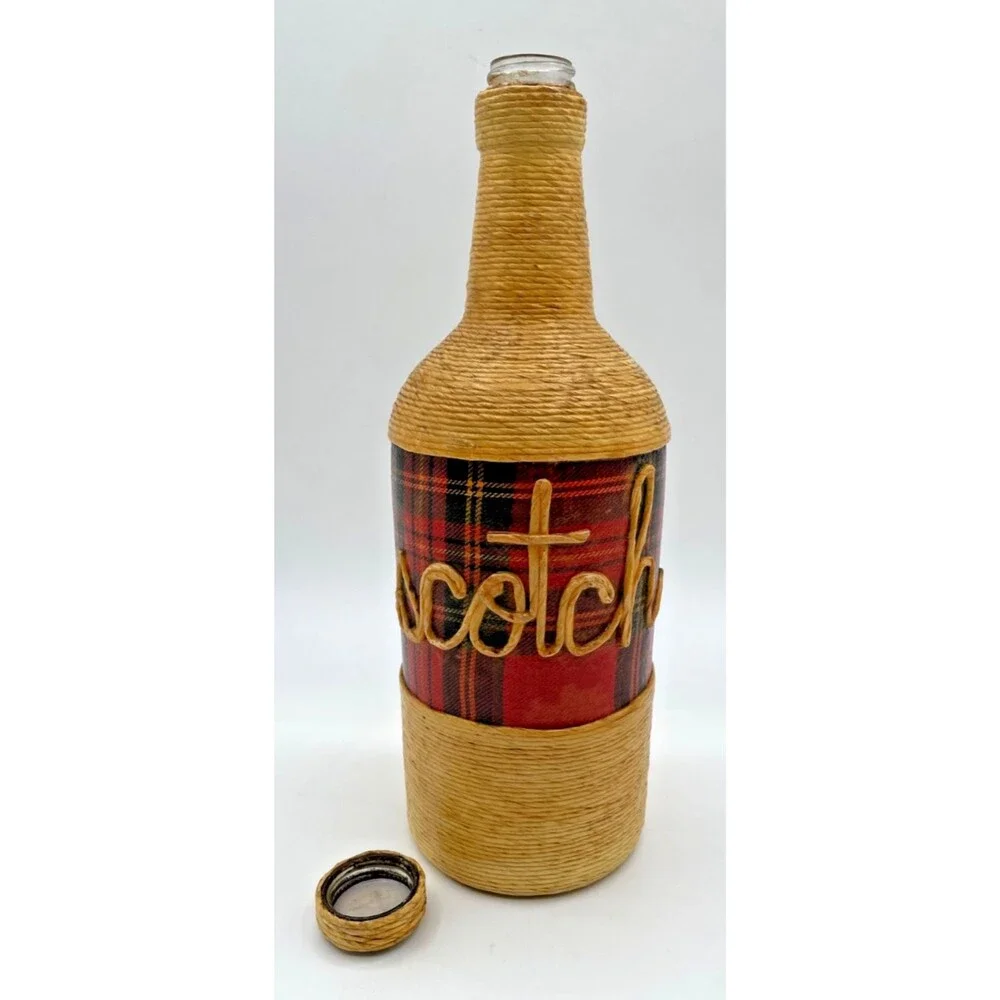 Vintage Wicker Wrapped Scotch Liquor Bottle Tartan Plaid Fine Jute Twine Rare